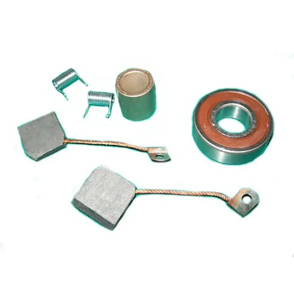 Brush generator kit parts with metal brushes, springs, and roller bearing.