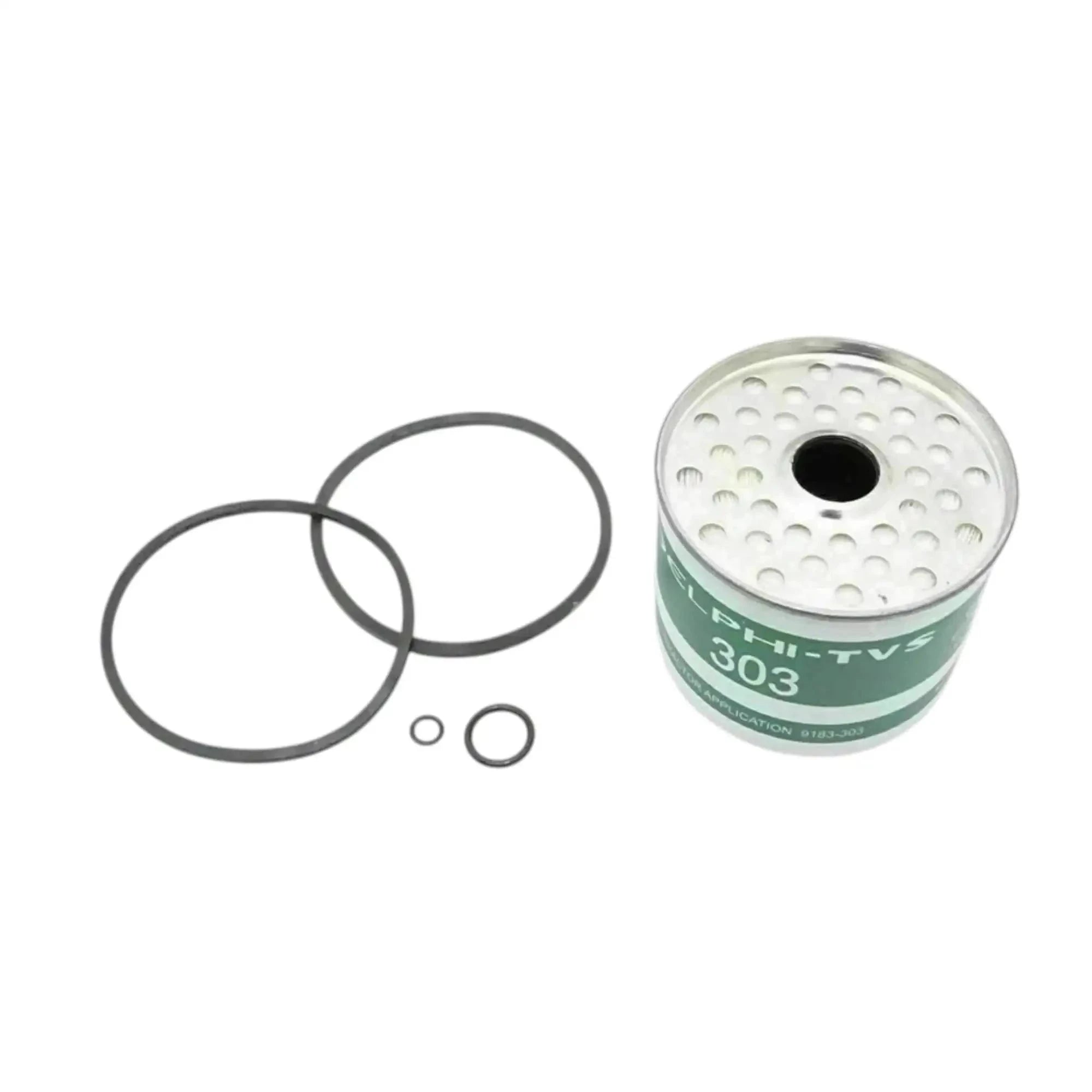 Fuel oil filter kit with green cartridge and white perforated top, plus two O-rings