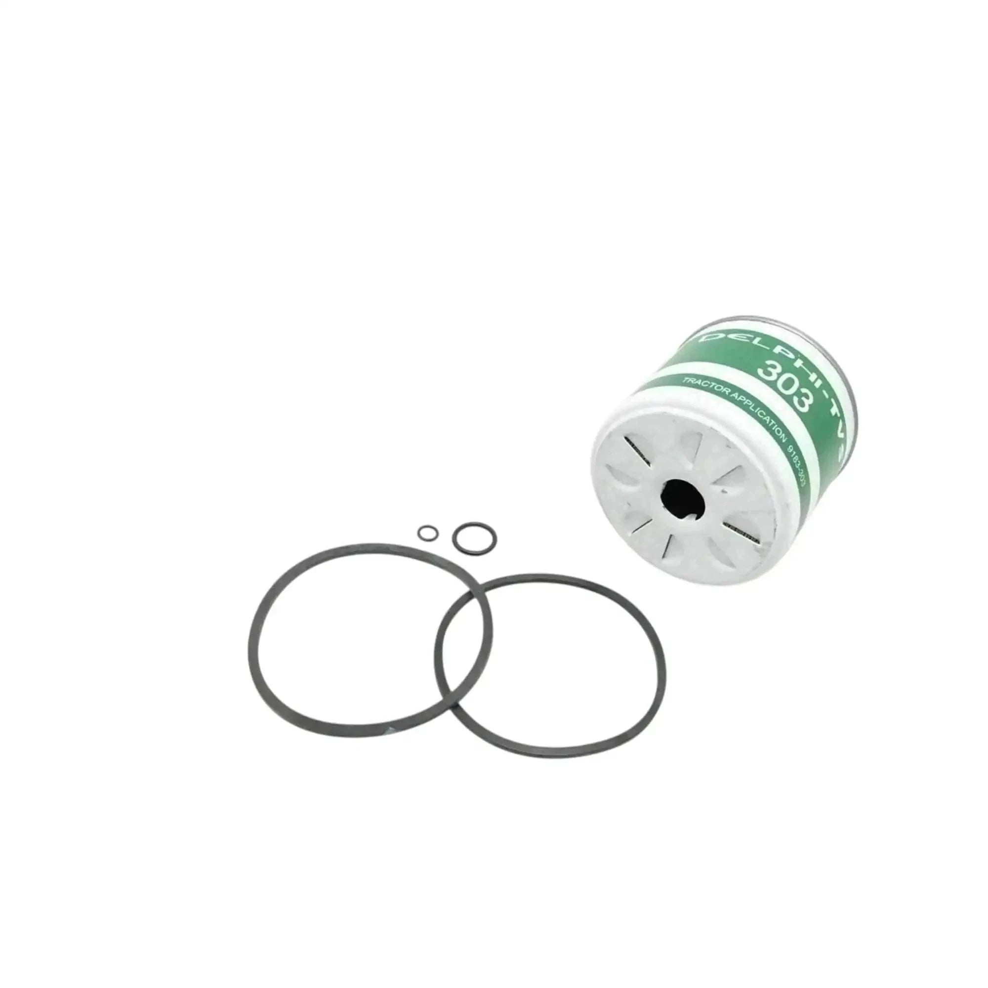 Fuel oil filter kit with green cartridge, black seals, and small O-rings