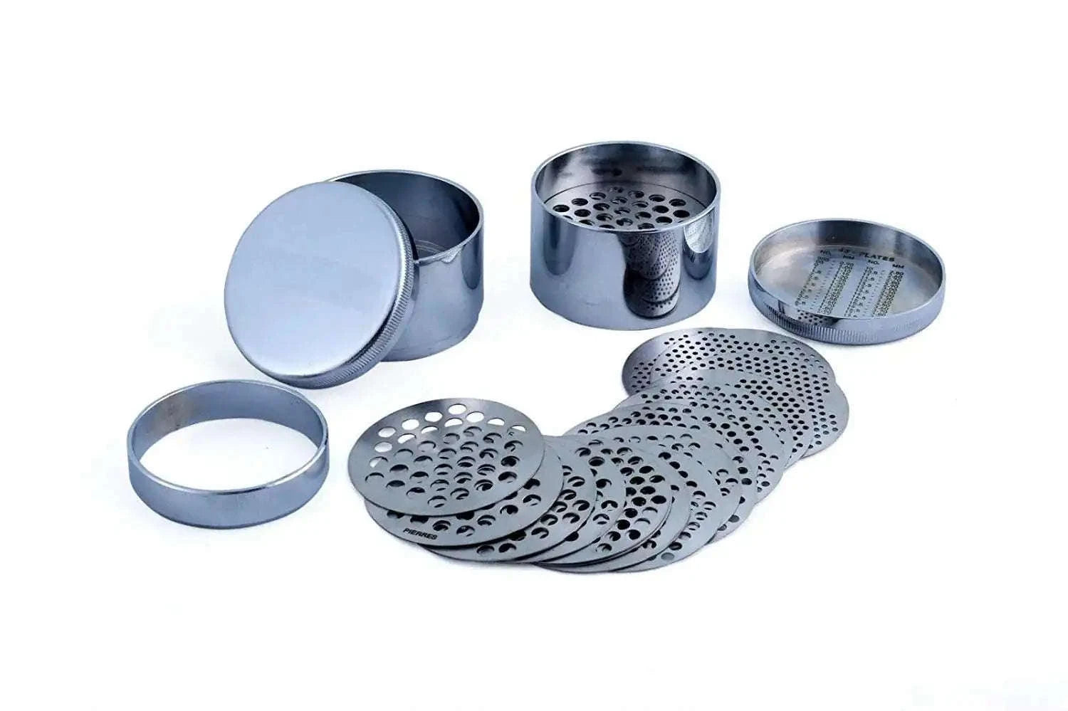 Metal jewelry sieve plates set, multiple round perforated discs in cylinders