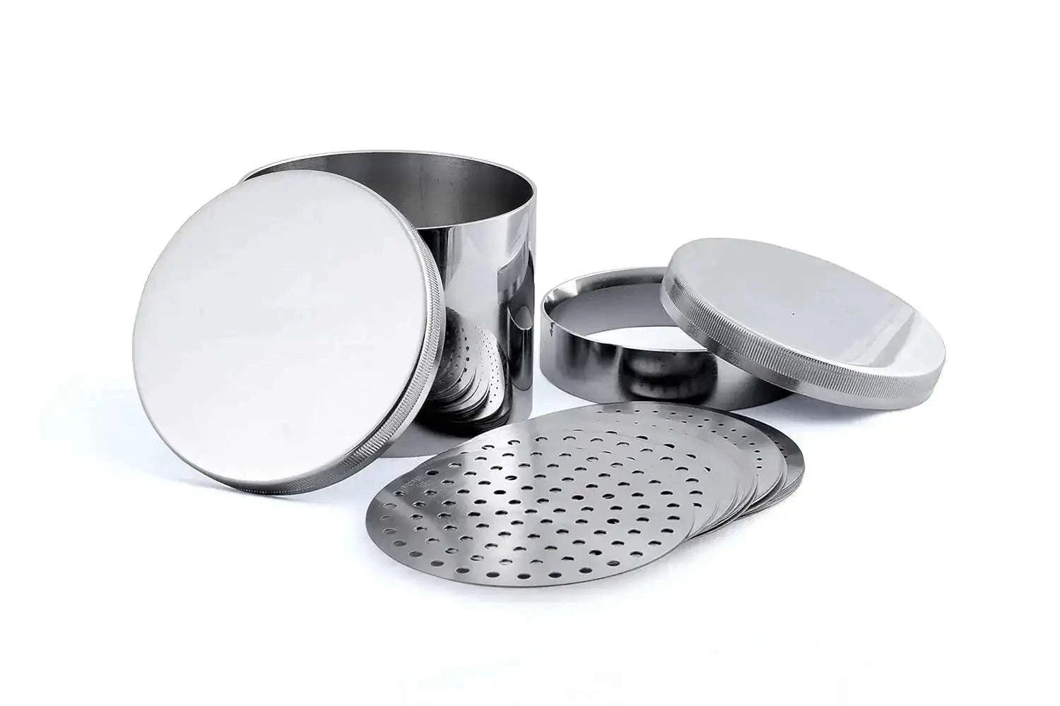 Stainless steel jewelry-making tools set including measuring cups and perforated discs for accurate bead sizing