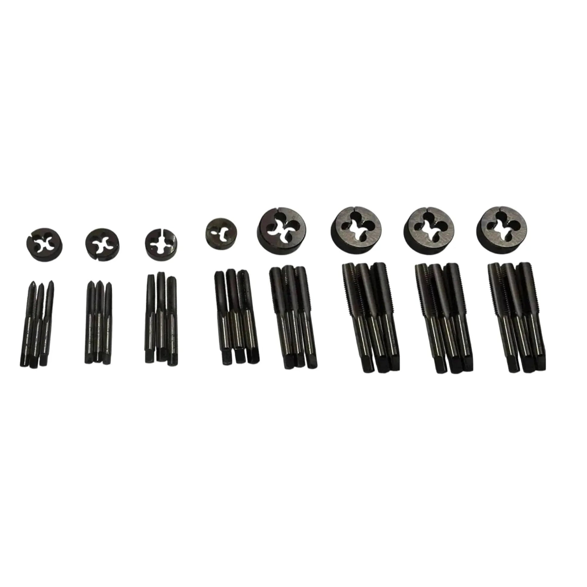 Assorted tap dies and black threaded bars arranged in rows, 32-piece set