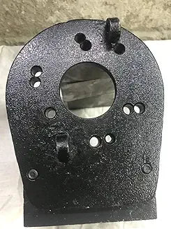Metal pump housing plate with circular opening and multiple bolt holes