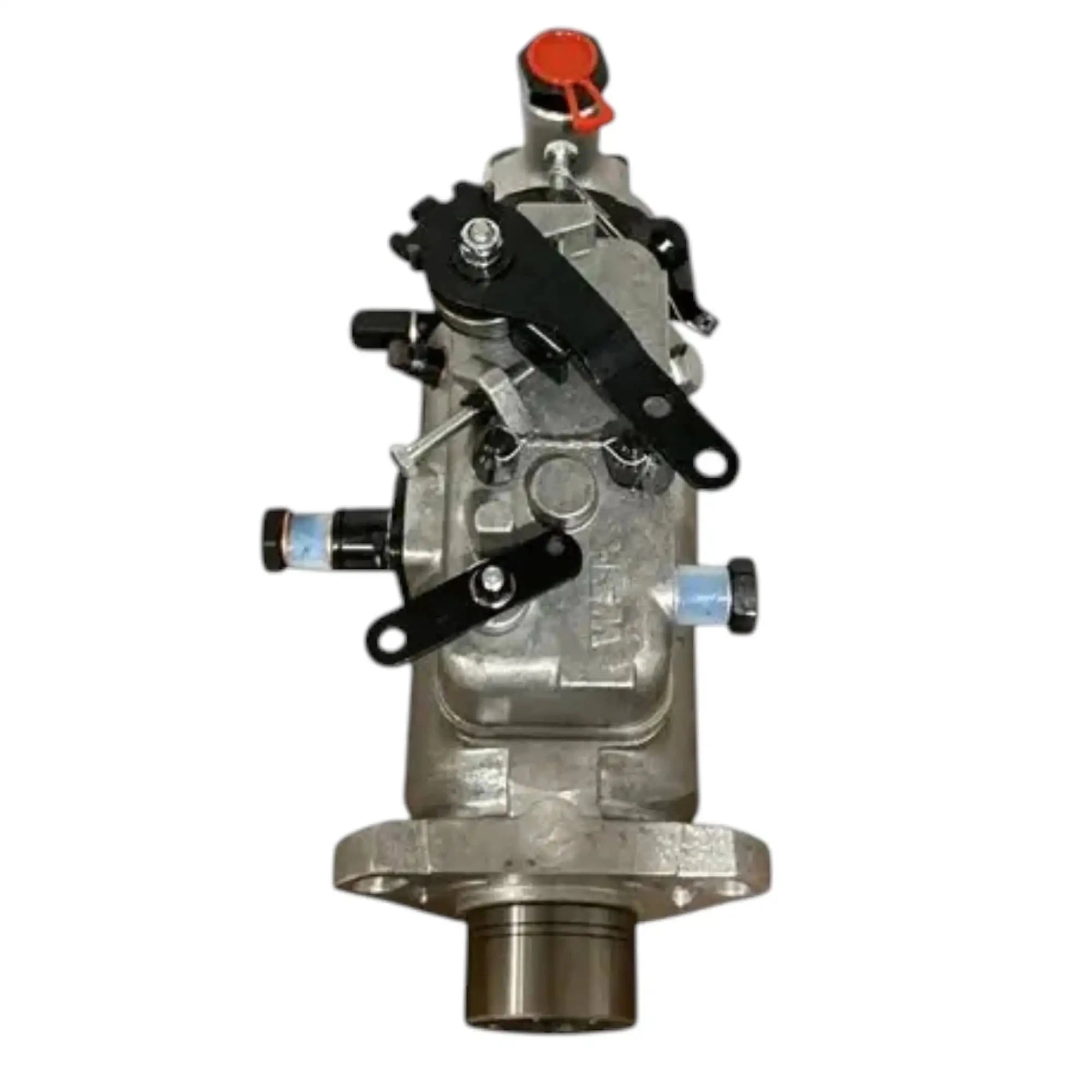 Diesel injection pump with silver body, black linkage, and red top cap