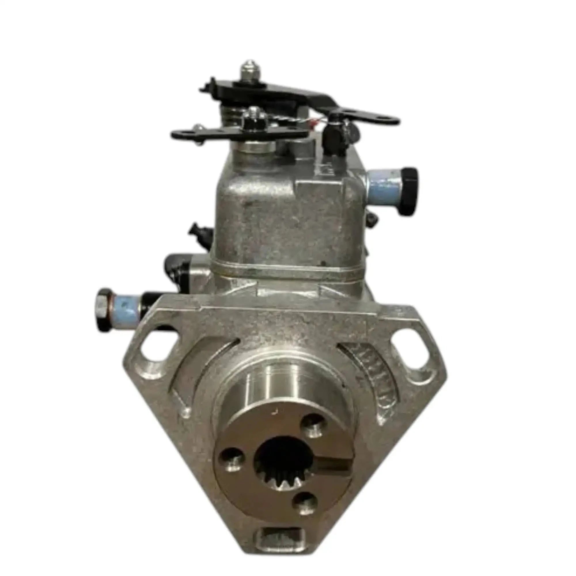 Diesel injection pump with silver housing, mounting flange and side fittings