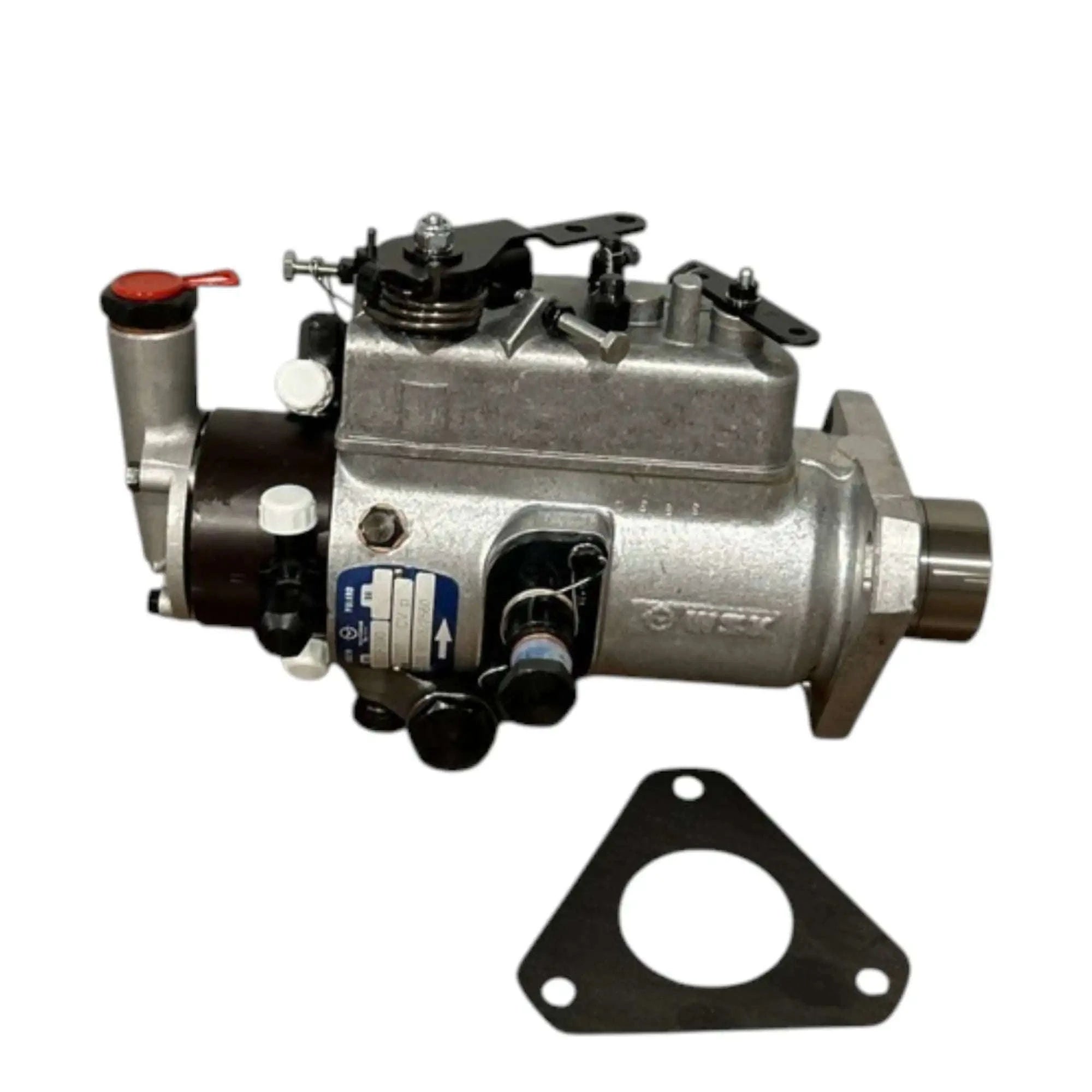 Diesel injection pump assembly with silver body, red cap, and mounting gasket