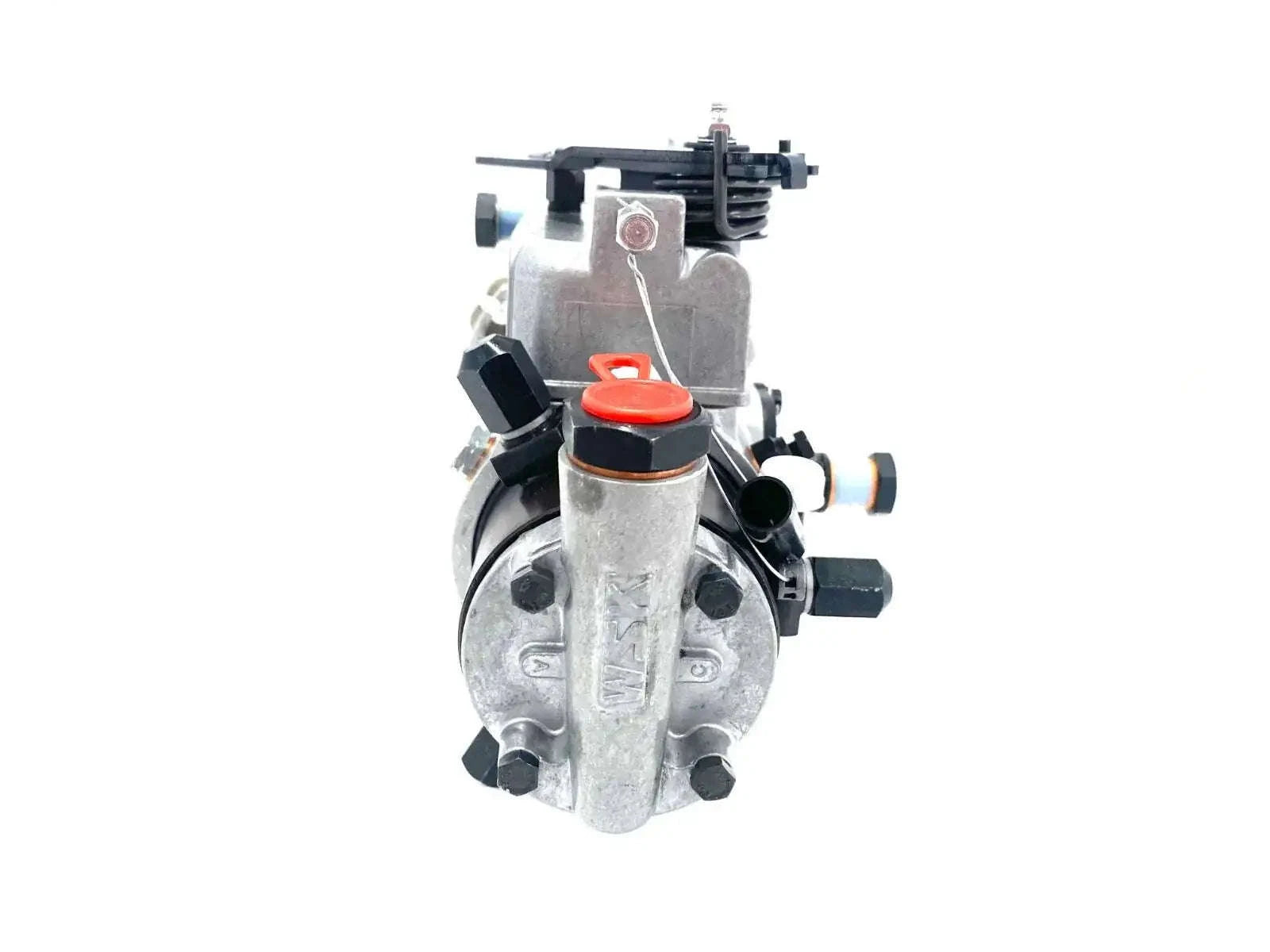 Diesel injection pump with silver housing and red control cap, front view