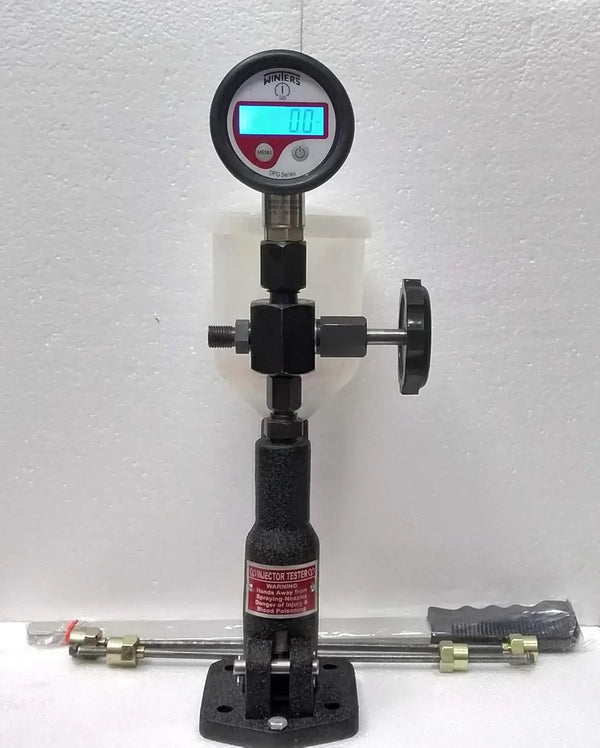 Injector nozzle pop tester with digital pressure gauge, stand and hoses