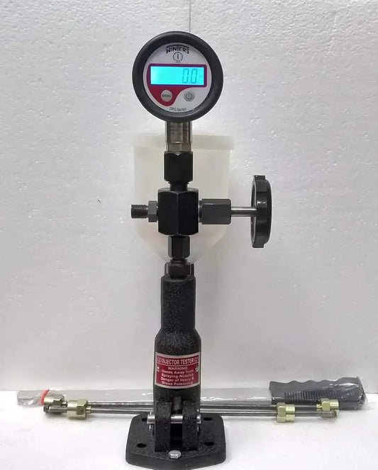 Injector nozzle pop tester with digital pressure gauge, stand and hoses