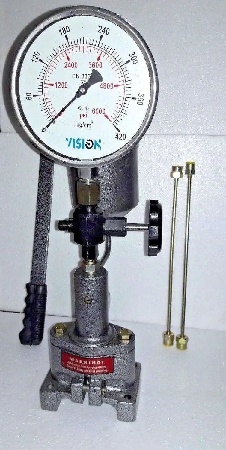 Diesel injector pop tester with pressure gauge and nozzle fittings