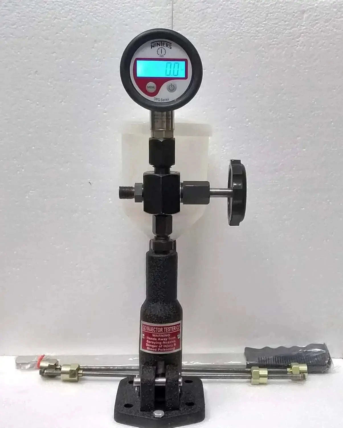 Injector nozzle pop tester with digital pressure gauge, stand and hoses