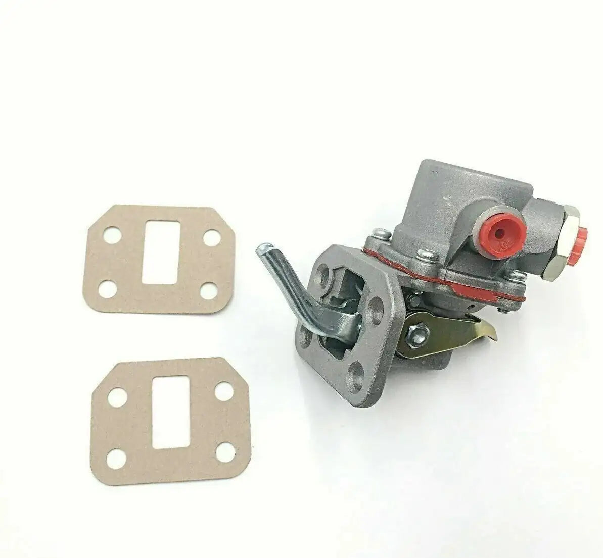 Fuel lift pump with mounting flanges and two gaskets, red outlet port