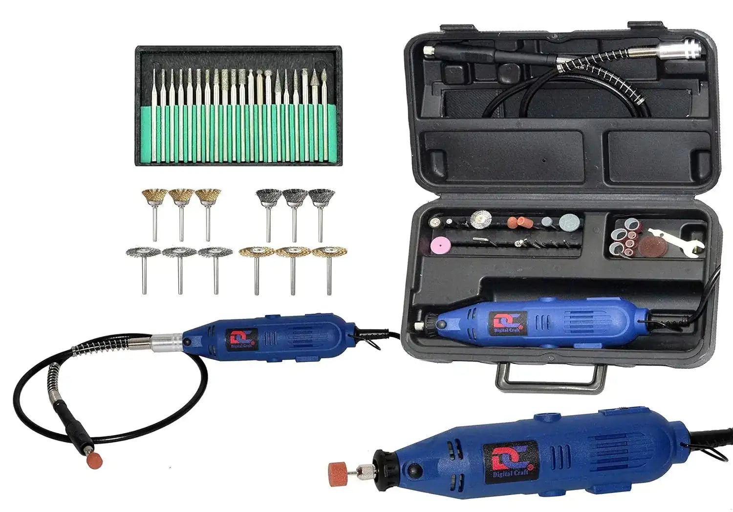 Blue mini electric rotary tool die grinder kit with flexible shaft, mounted accessories