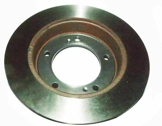 Front brake disc rotor, rust-brown and silver vented steel