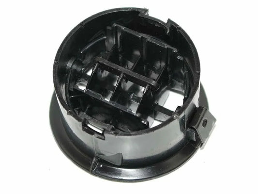 Round dashboard heater air vent outlet with adjustable louvers, black and gray plastic
