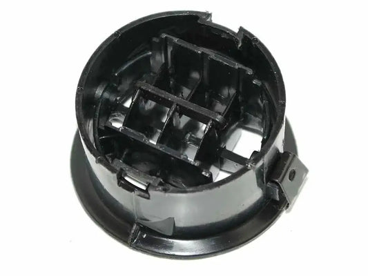 Round dashboard heater air vent outlet with adjustable louvers, black and gray plastic