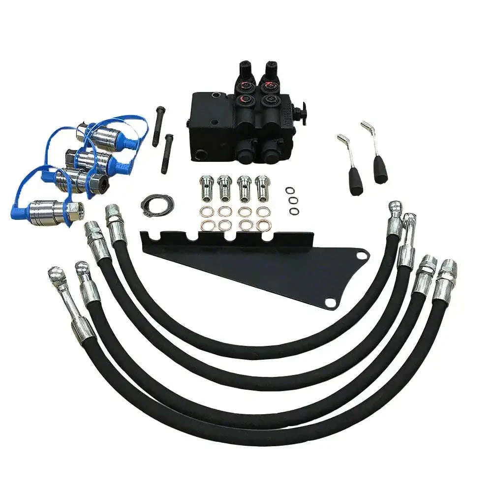 Dual hydraulic valve kit with hoses, fittings, and mounting hardware