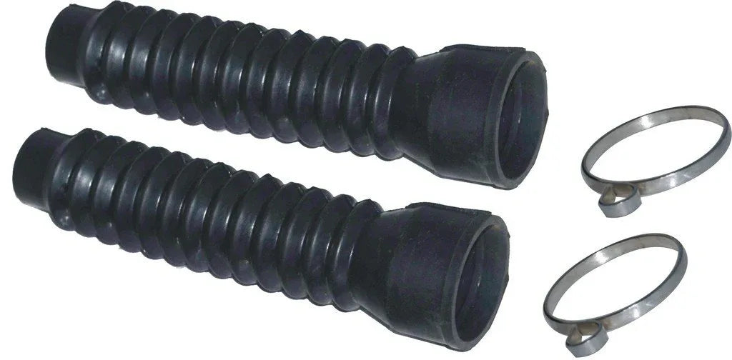 Black rubber motorcycle fork gaiter dust covers with metal fixing clamps, pair