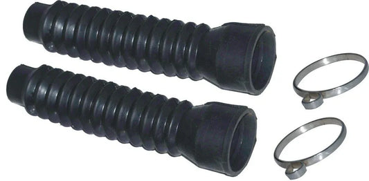 Black rubber motorcycle fork gaiter dust covers with metal fixing clamps, pair