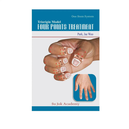 Acupressure treatment book cover with blue title and hands marked with acupressure points