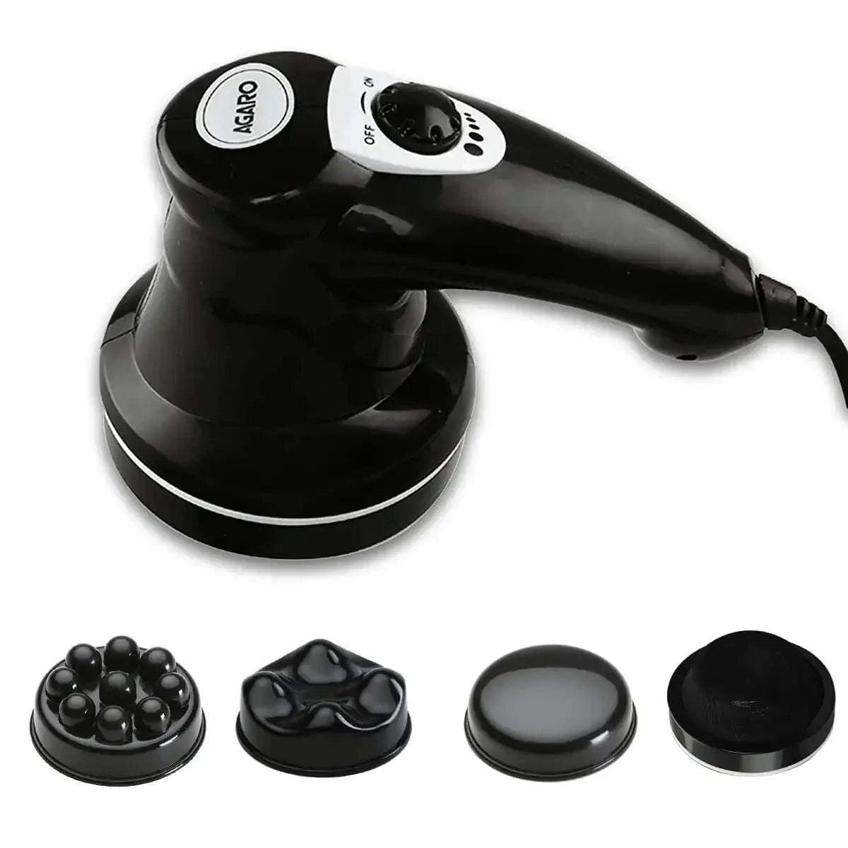 Electric handheld full body massager with three interchangeable massage heads for pain relief.