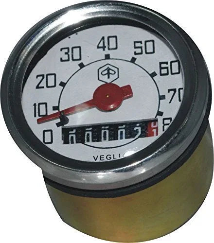 Circular Kph speedometer gauge with red needle and numbers up to 80, black bezel