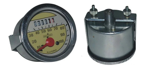 Round analog speedometer gauge with 0-100 km/h scale and metal bezel