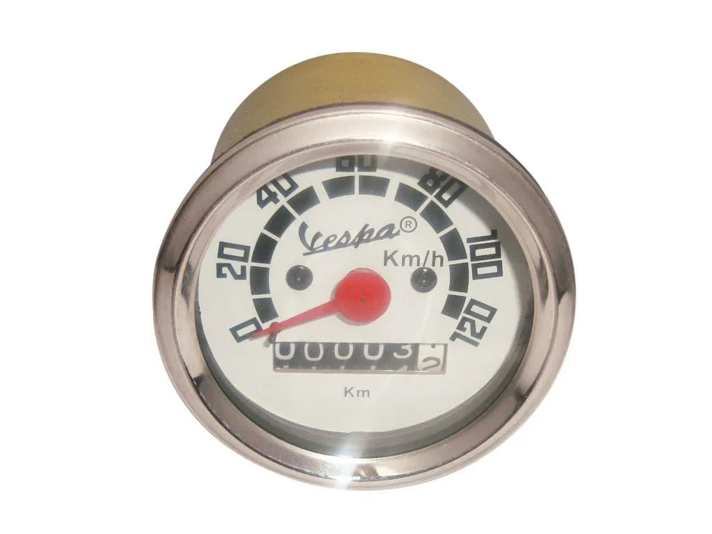 Electric scooter with speedometer, round gauge, metal casing, measures speed in Km/h for accurate tracking
