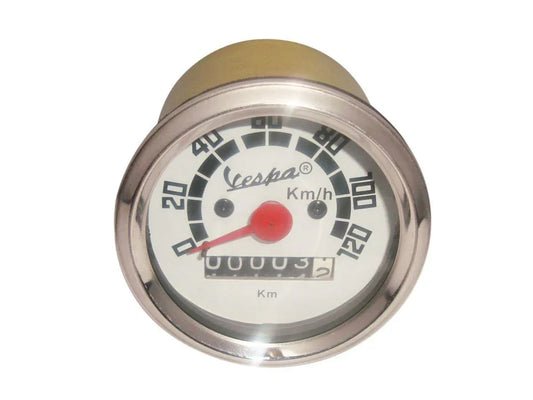 Electric scooter with speedometer, round gauge, metal casing, measures speed in Km/h for accurate tracking