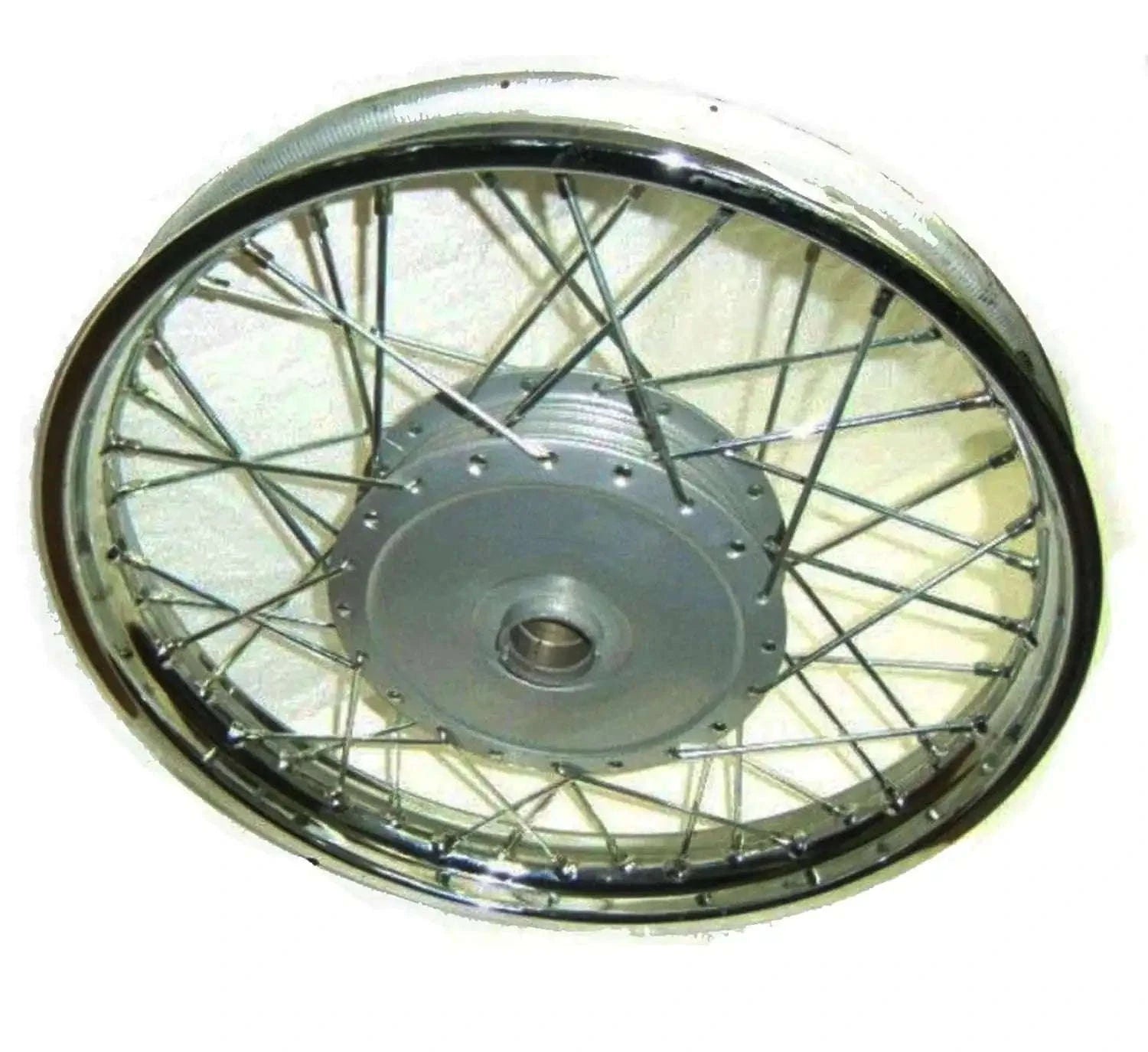 Complete front wheel rim for motorcycle, chrome finish with steel spokes for durability and performance.