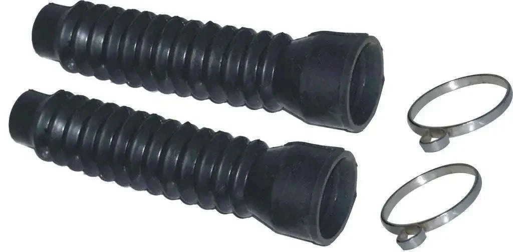 Black rubber motorcycle fork gaiter dust covers with metal fixing clamps, pair