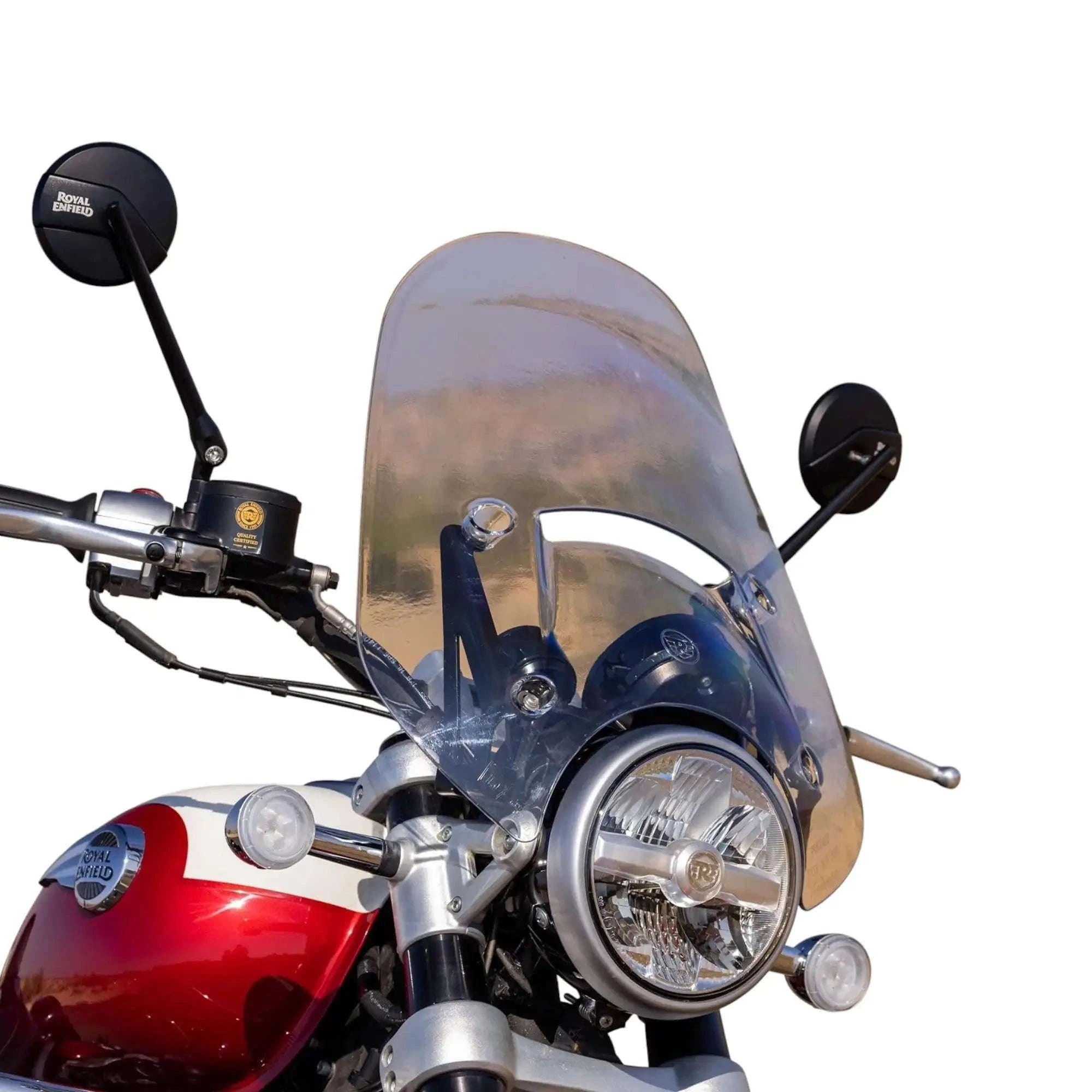 Mounted motorcycle touring windshield screen with clear smoked panel and metal supports