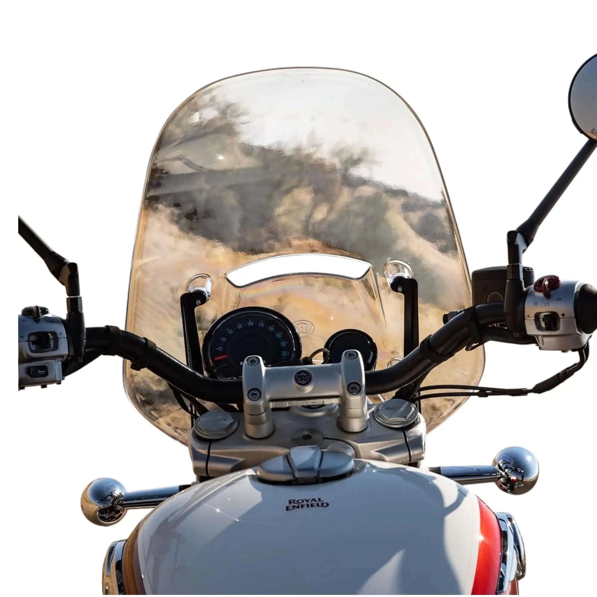 Motorcycle touring windshield screen with clear smoked panel and center mounting hardware