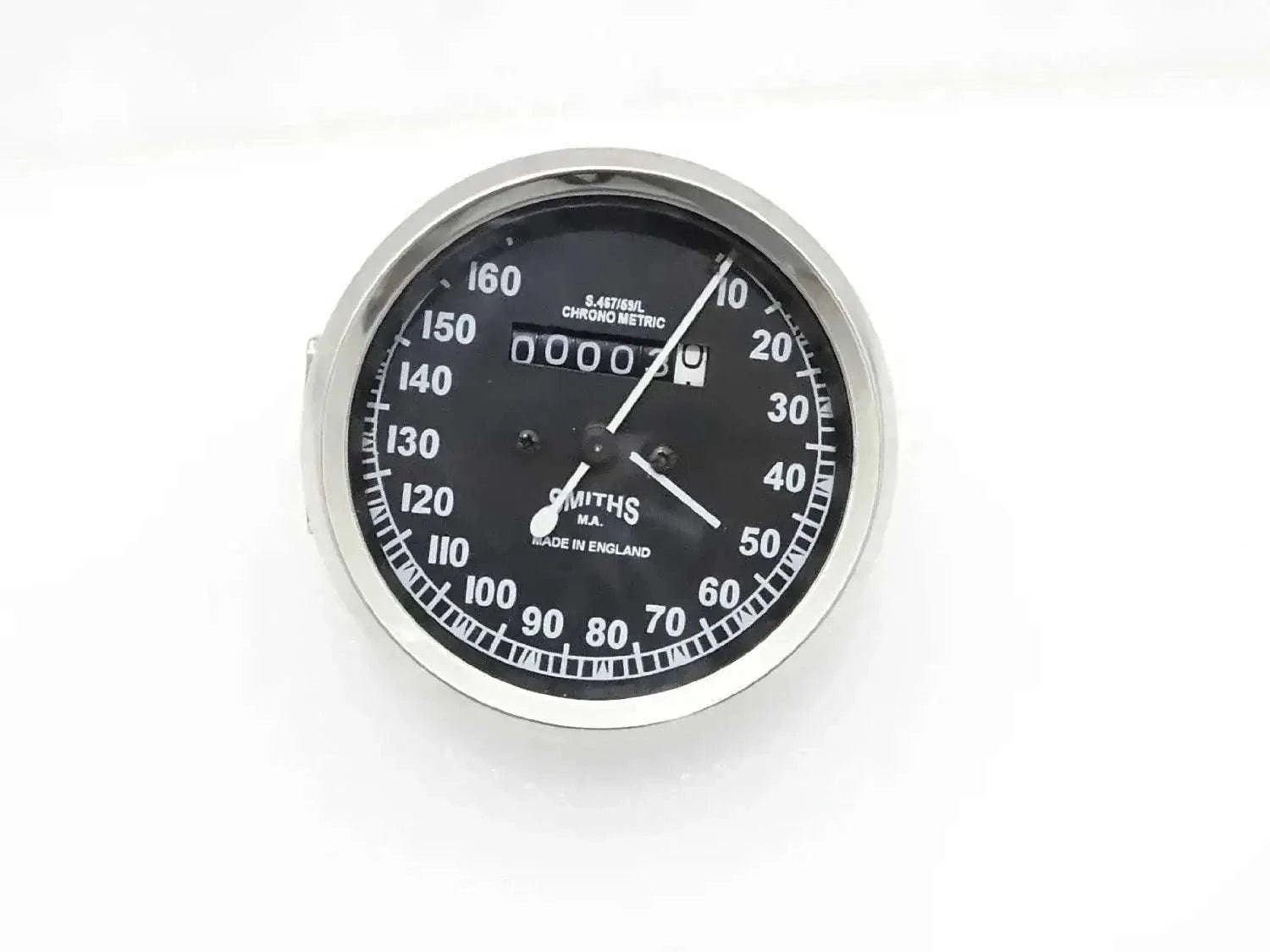 Classic motorcycle speedometer, 100mm diameter, black dial with white markings for accurate speed readings