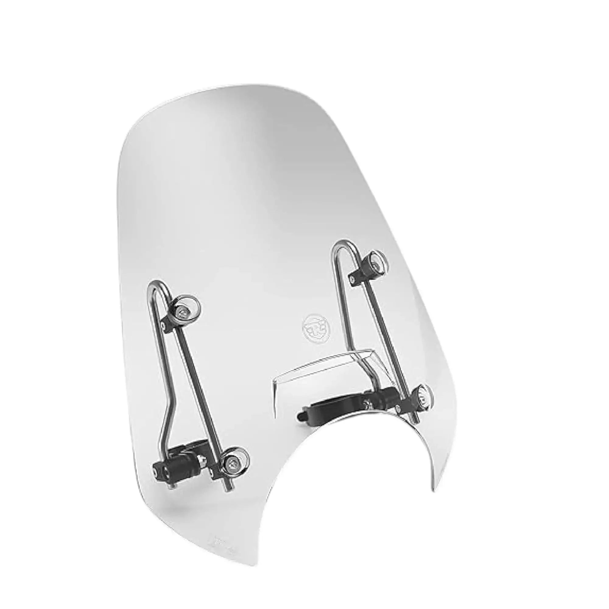Smoke-tinted motorcycle touring screen with metal mounting brackets and hardware