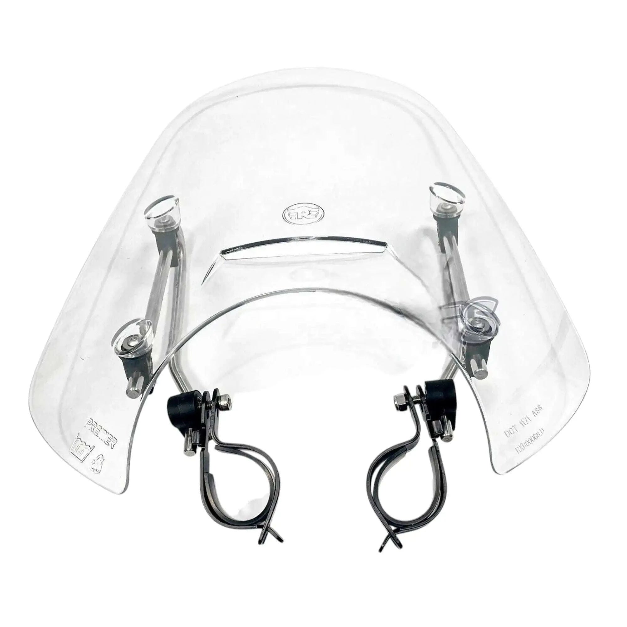 Clear motorcycle touring screen with mounting clamps, bars, and transparent windshield