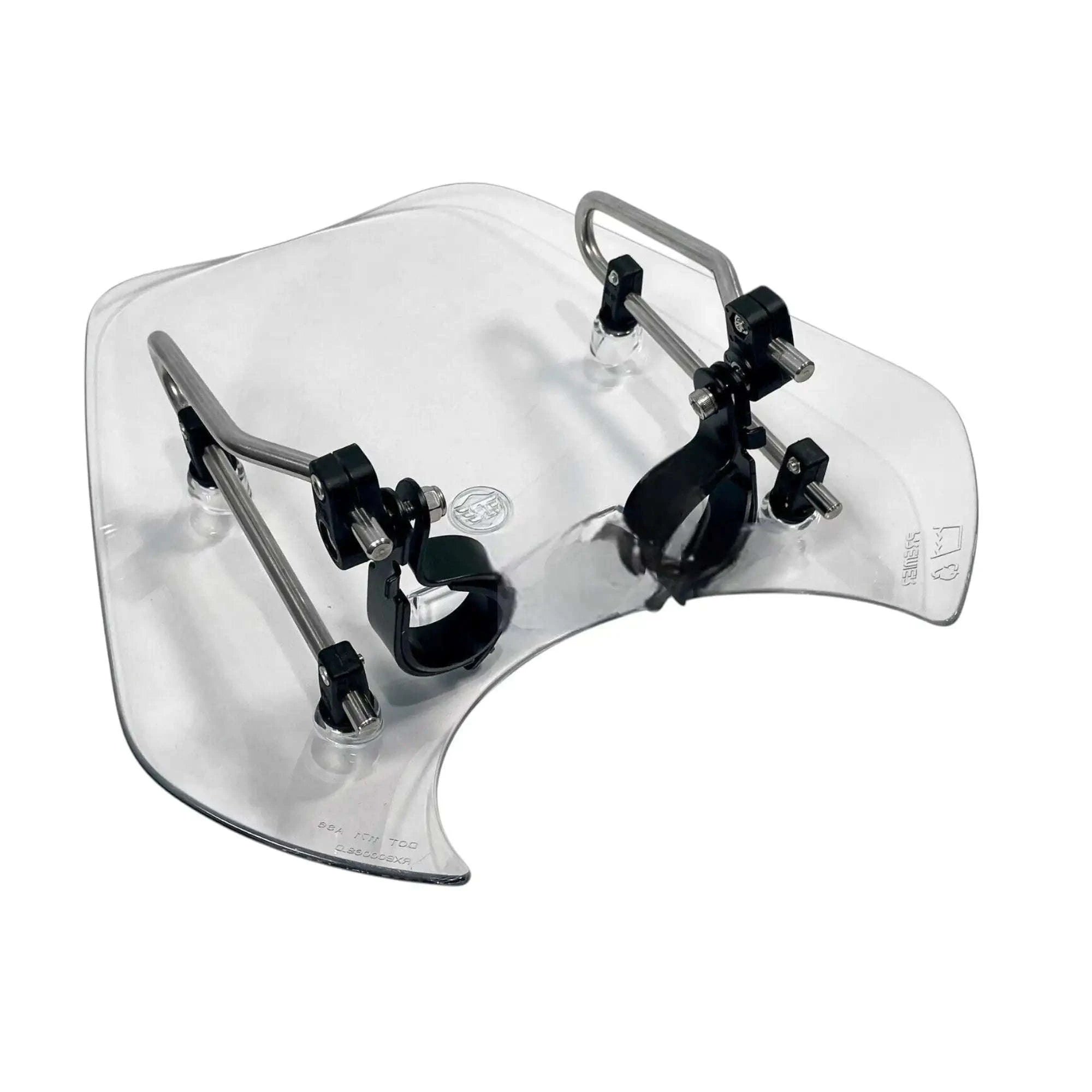Clear motorcycle touring screen with black adjustable mounts and metal support arms