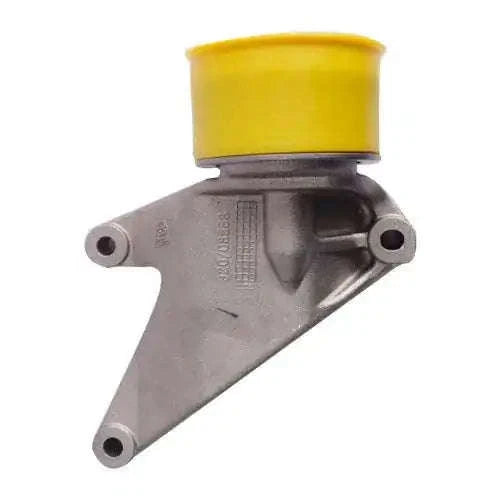 Engine auto tensioner with metal bracket and yellow plastic top, two mounting holes