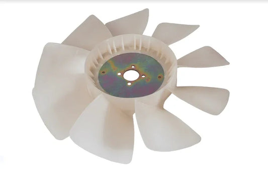 Engine cooling fan with white blades and metal hub, circular center hole