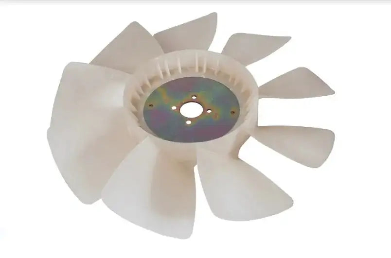 Engine cooling fan with white blades and metal hub, circular center hole