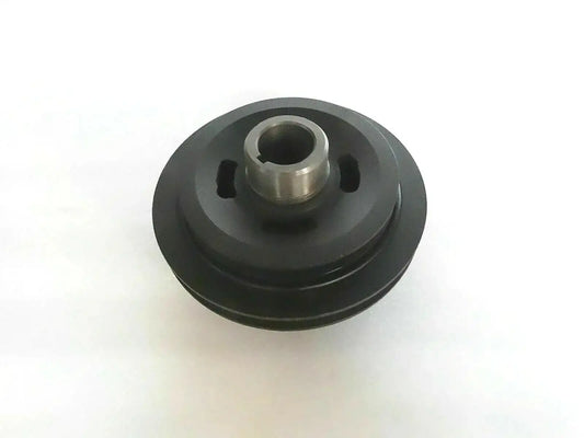Crank pulley with central bore and grooves, dark metal