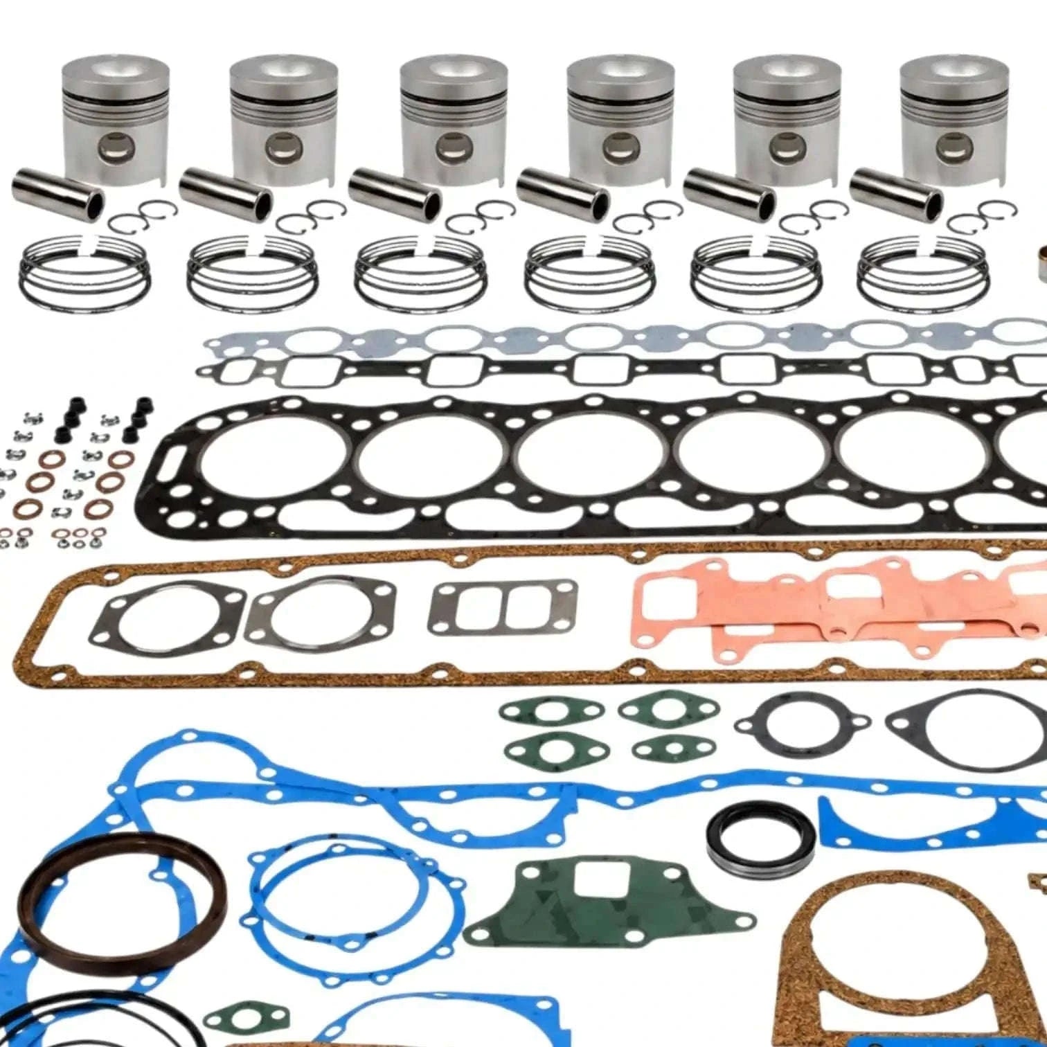 Caterpillar engine oil change kit with pistons, gaskets, and seals for engine maintenance