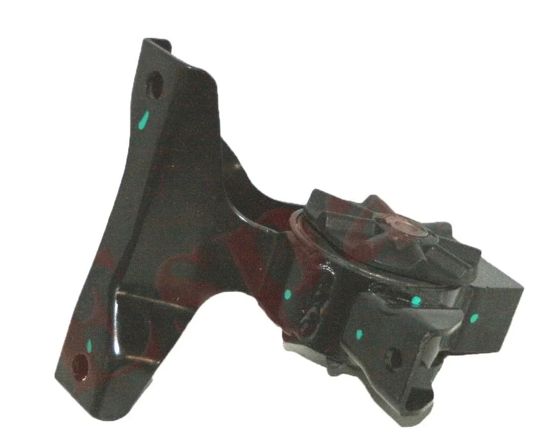 Right-hand engine mounting bracket with bushings and bolt holes, dark metal