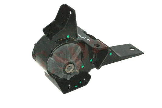 Black engine mounting bracket with circular bushing and bolt holes