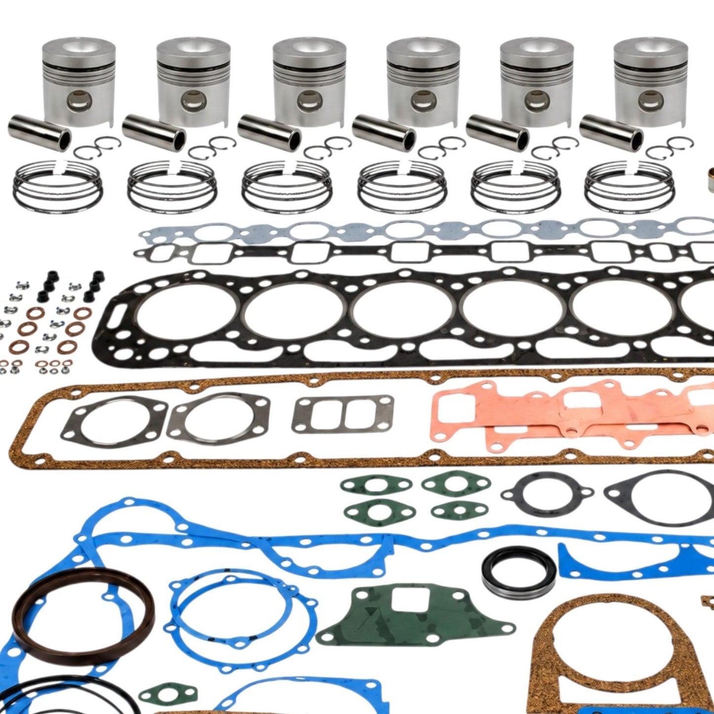 Caterpillar engine oil change kit with pistons, rings, gaskets, and seals for engine maintenance