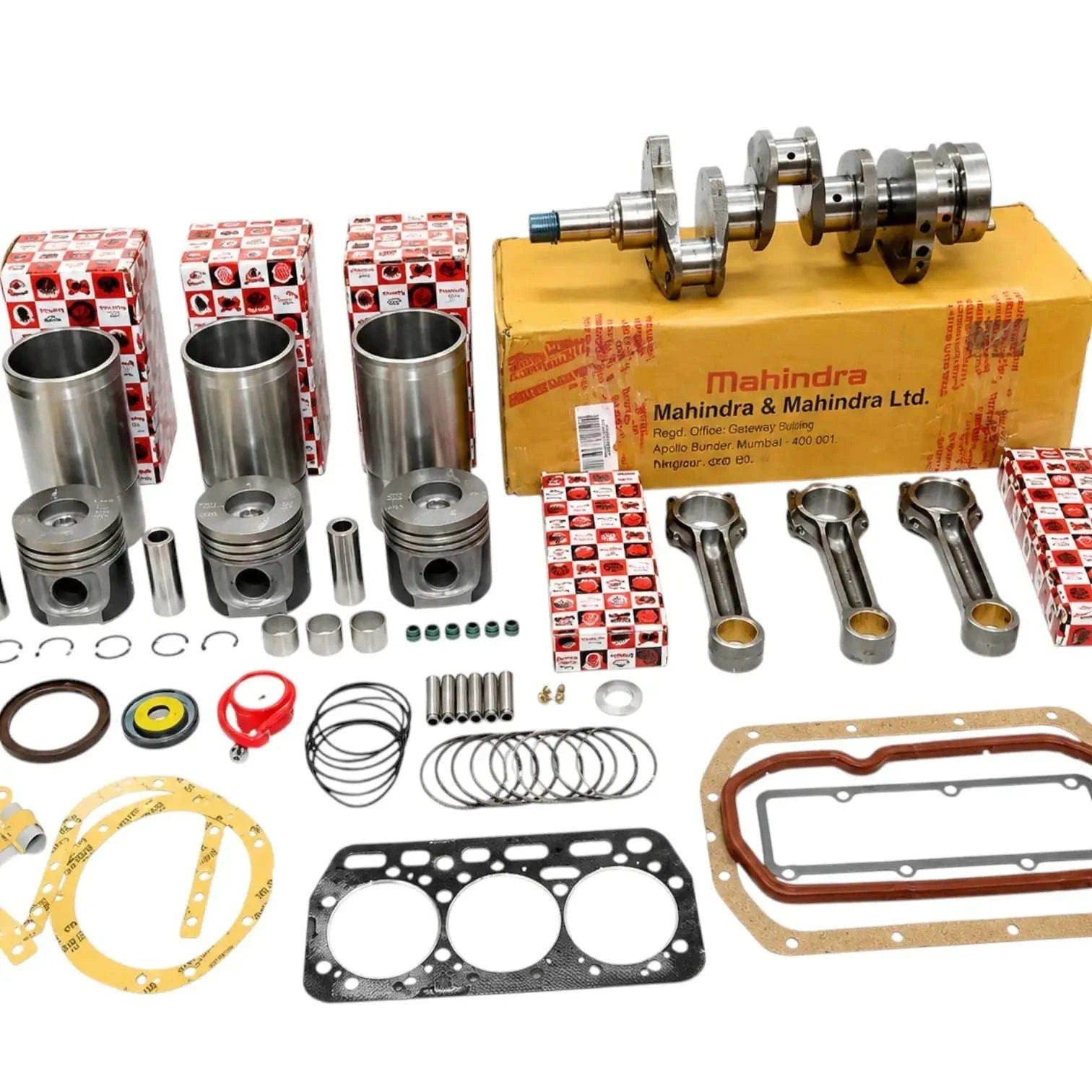 Engine repair kit for Mahindra tractor, includes pistons, crankshaft, gaskets, and essential components