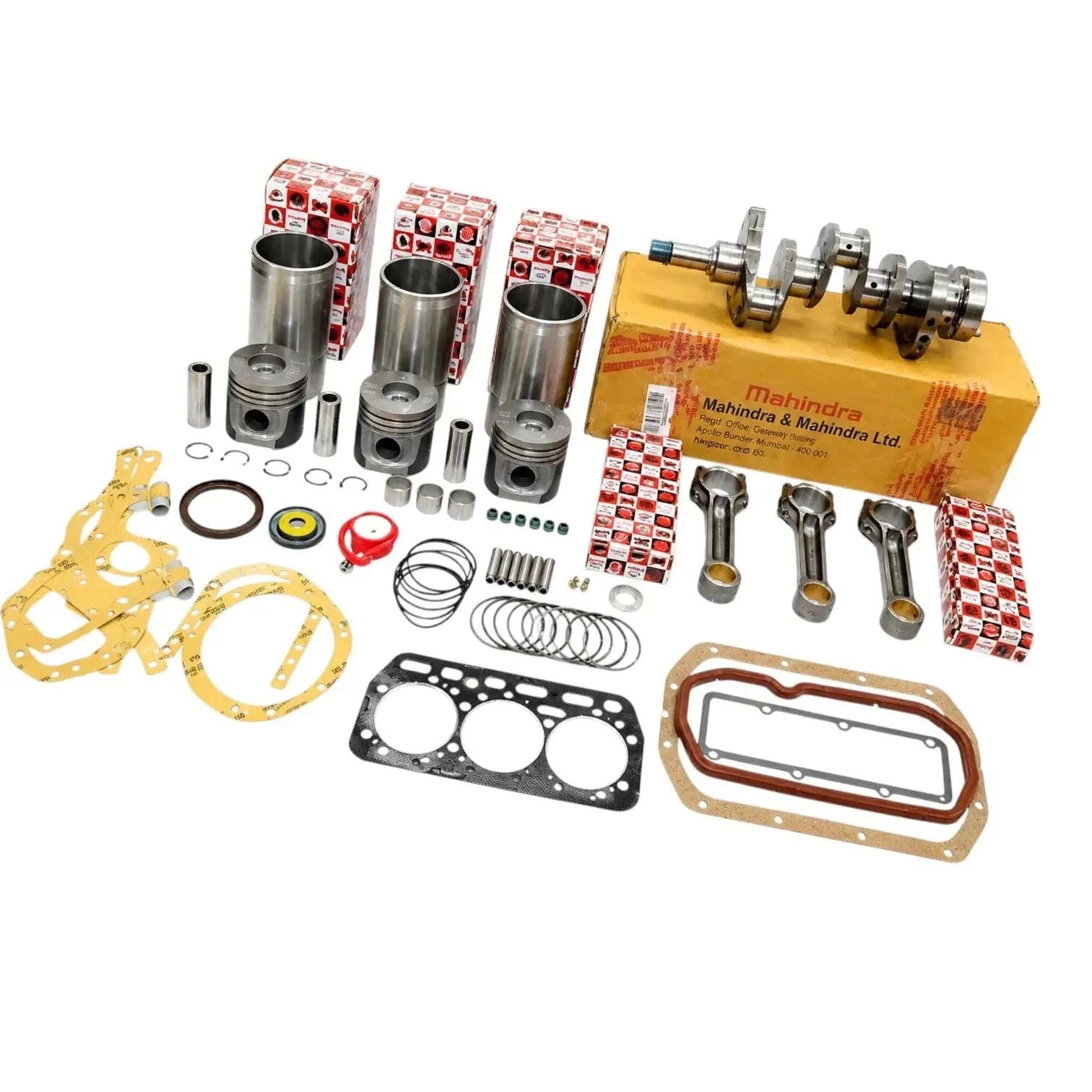 Complete Mahindra tractor engine repair kit with pistons, crankshaft, gaskets, and seals for efficient repairs