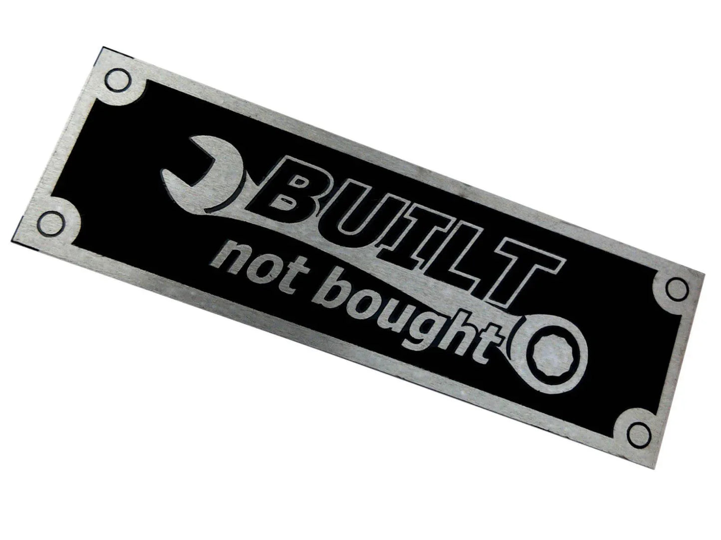 Etched glass plate featuring 'Built Not Bought' design, perfect for automotive enthusiasts