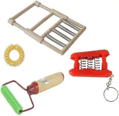 Hand exercise ring and mini roller set with wooden spring board, spiky ring, and red stud roller