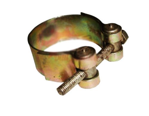 Metal exhaust muffler clamp, designed for secure attachment to motorcycle exhaust systems, adjustable size.